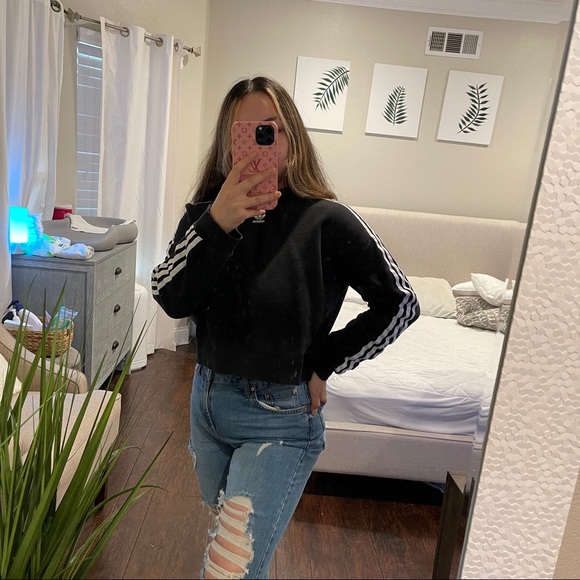 Cropped Adidas Hoodie Stripes Black size Medium - Picture 2 of 3